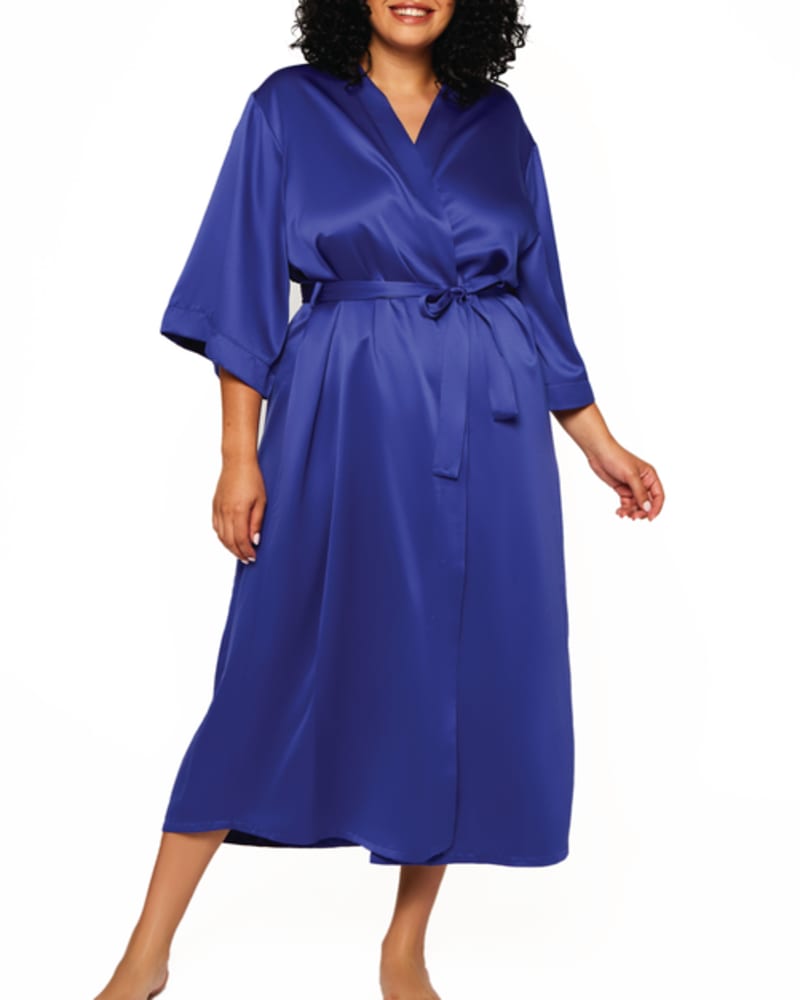 Front of a model wearing a size 1X Natasha Satin Long Robe in BLUE by iCollection. | dia_product_style_image_id:253888